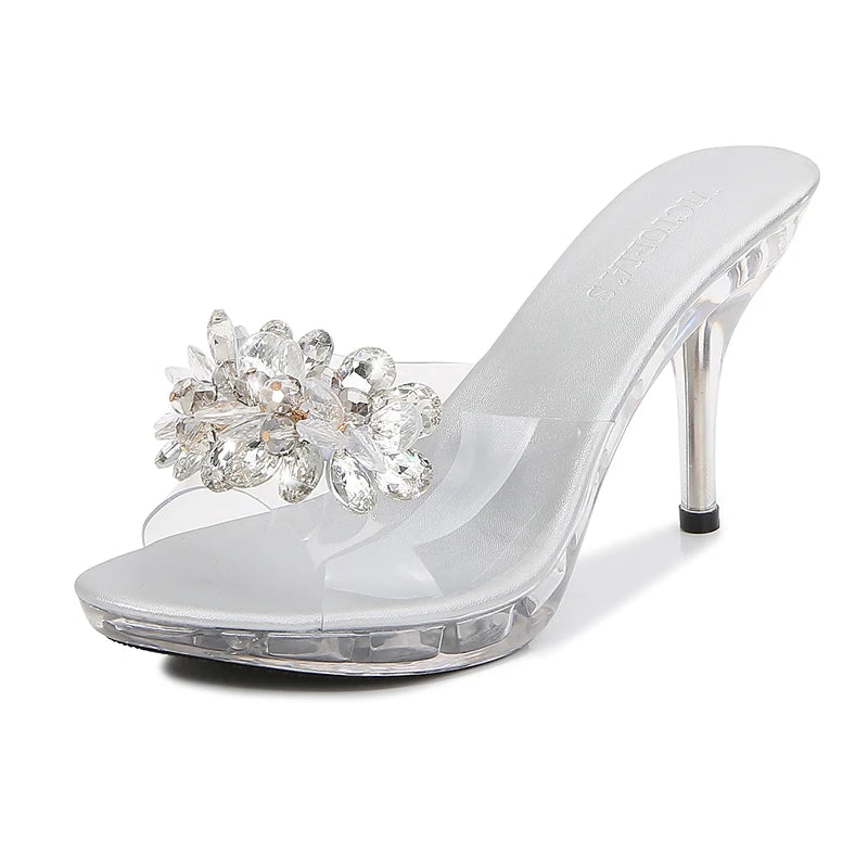 Shuzumiao New Crystal Slippers Shoes Women Fine High Heels Transparent Sandals Female Slippers Sexy  Outside Beaded Beach Shos