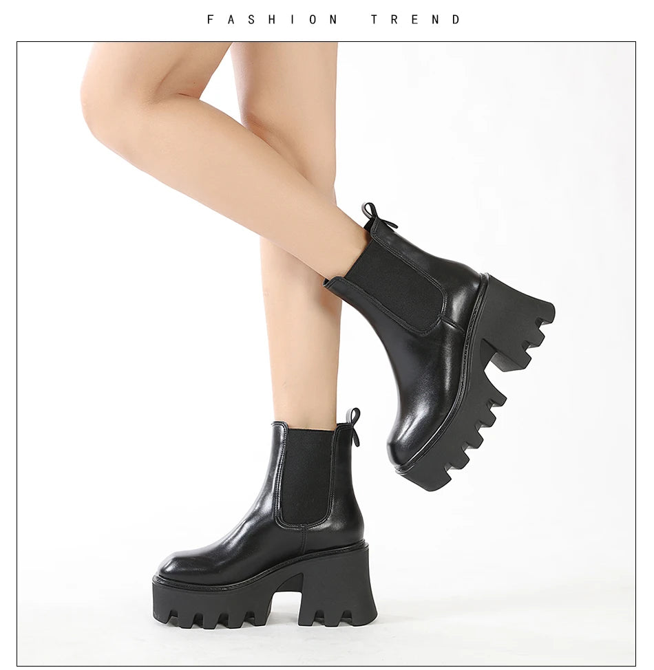 GDGYDH Slip-On Women Motorcycle Boots Square High Heels Thick Platform Female Ankle Boots Black Plus Sizes Chelsea Boots Women
