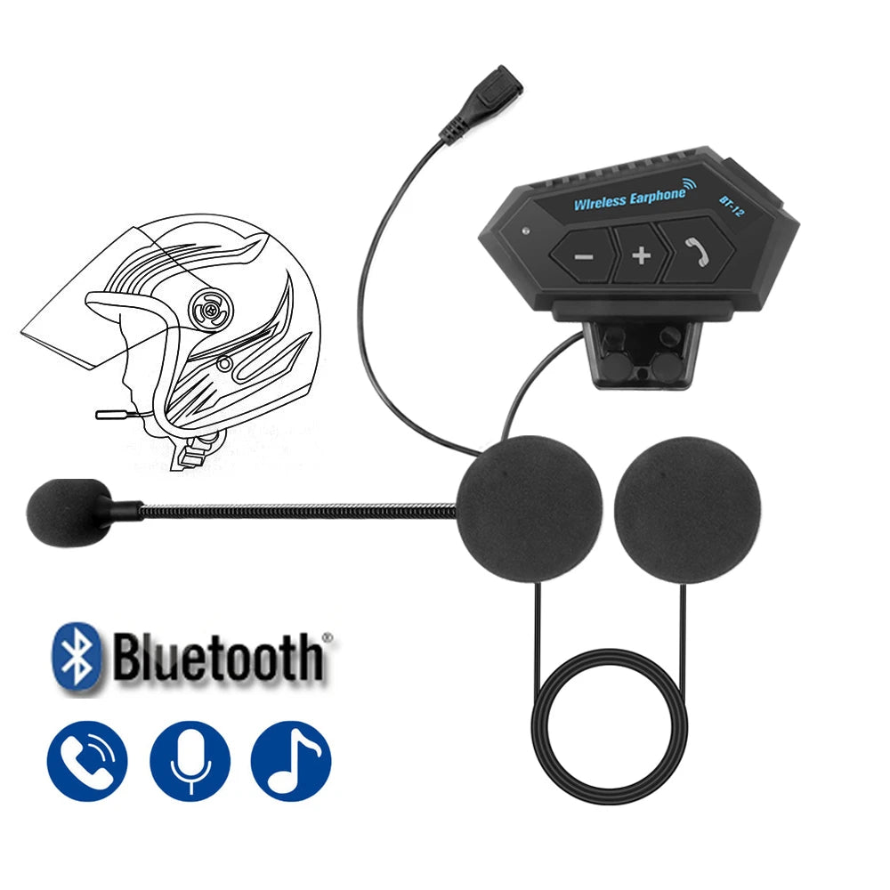 BT12 Motorcycle Helmet Headset Stereo Bluetooth Earphone Wireless Handsfree Mic Headphones Music Player For Motorbike Rider