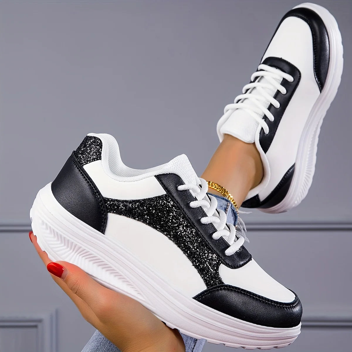 Women's Pure Color Sequins Sneaker, Lace-up Platform Sequined Decorative Walking Rock Shoes, High Top Sneakers Sneaker