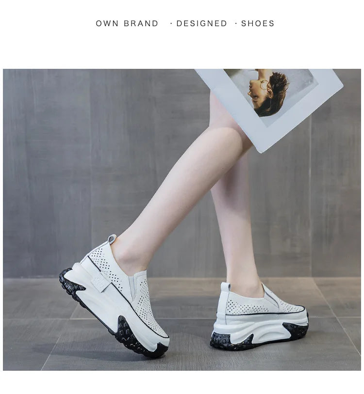 Fujin 7cm Genuine Leather Women Vulcanized Platform Wedge Chunky Sneaker Casual Stable Fashion Skate Boarding High Brand Shoes