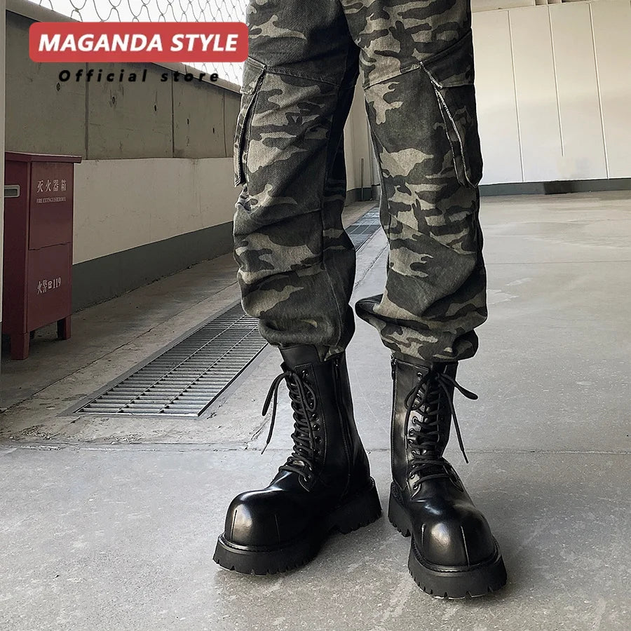 Original short leather boots for men height increasing thick soled color blocked workwear wind-driven motorcycle high top shoes