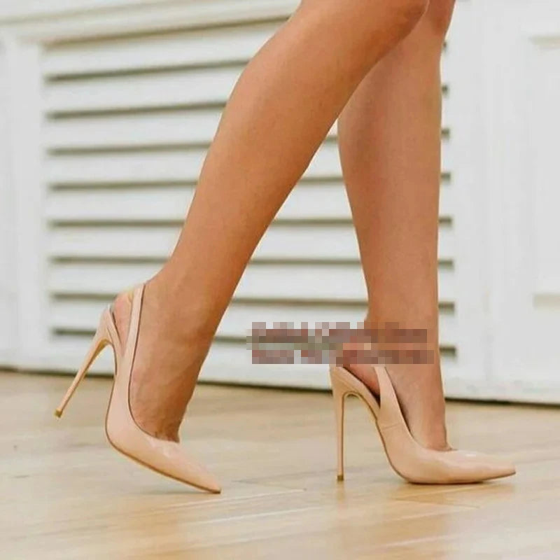 Sexy Black Patent Leather Pointy Toe Slingback Pumps 12cm Stiletto High Heels Elastic Band Woman Party Shoes Cutouts Heels QP246