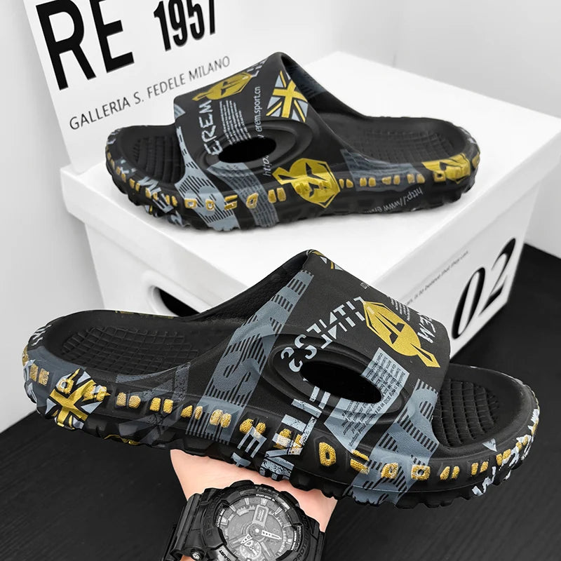 New Stylish Men Slides Shoes Indoor Comfortable Summer Male Casual Slippers Print Soft Non-slip Massage EVA Slippers Outdoor 886