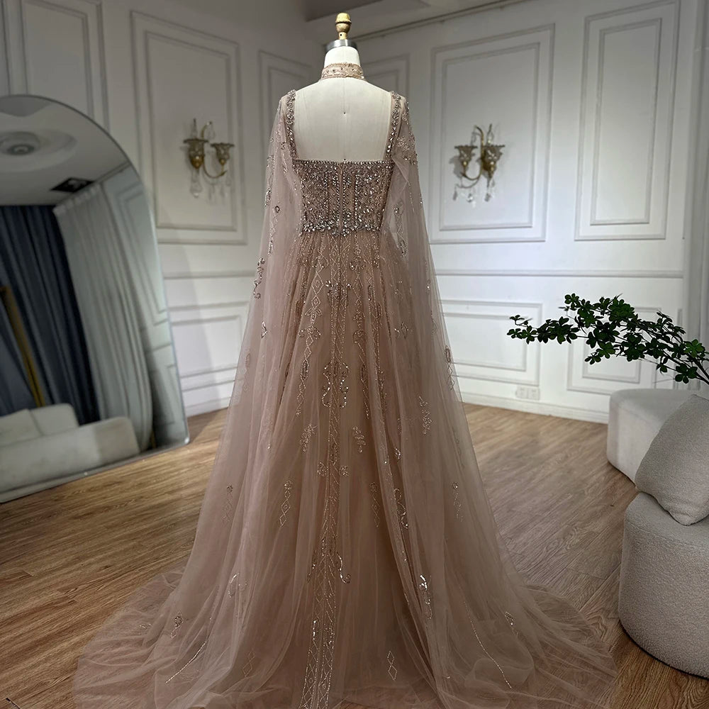 Serene Hill 2025 Arabic Nude A Line Cape Sleeve Crystal Beaded Luxury Evening Dresses Gowns Formal Occasion Customize BLA72764