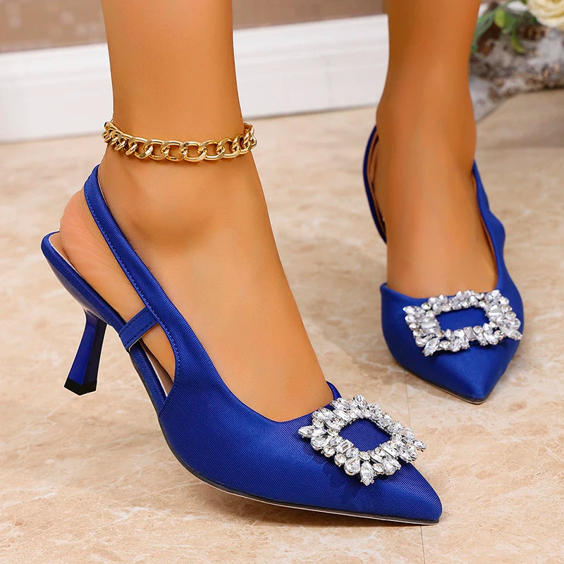 Crystal Square Buckle High Heels Sandals Women Spring Summer Slip On Pointed Toe Pumps Woman Thin Heel Party Wedding Shoes Mujer