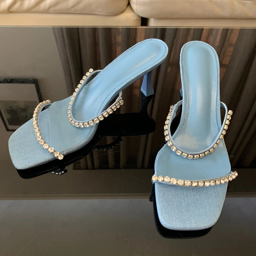 Denim Rhinestone Heels Sandals Women Mules 2024 Fashion High heels Women Shoes Sexy Open Toe Pumps Modern Office Casual Sandals