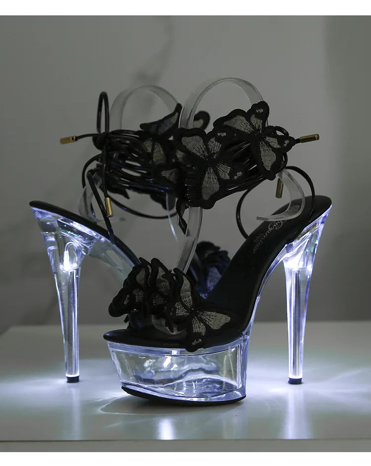 Transparent Platform LED Light Up Sandals Women Lace-up Pole Dance Shoes Summer Model Show Fashion Butterfly High Heels Size 43