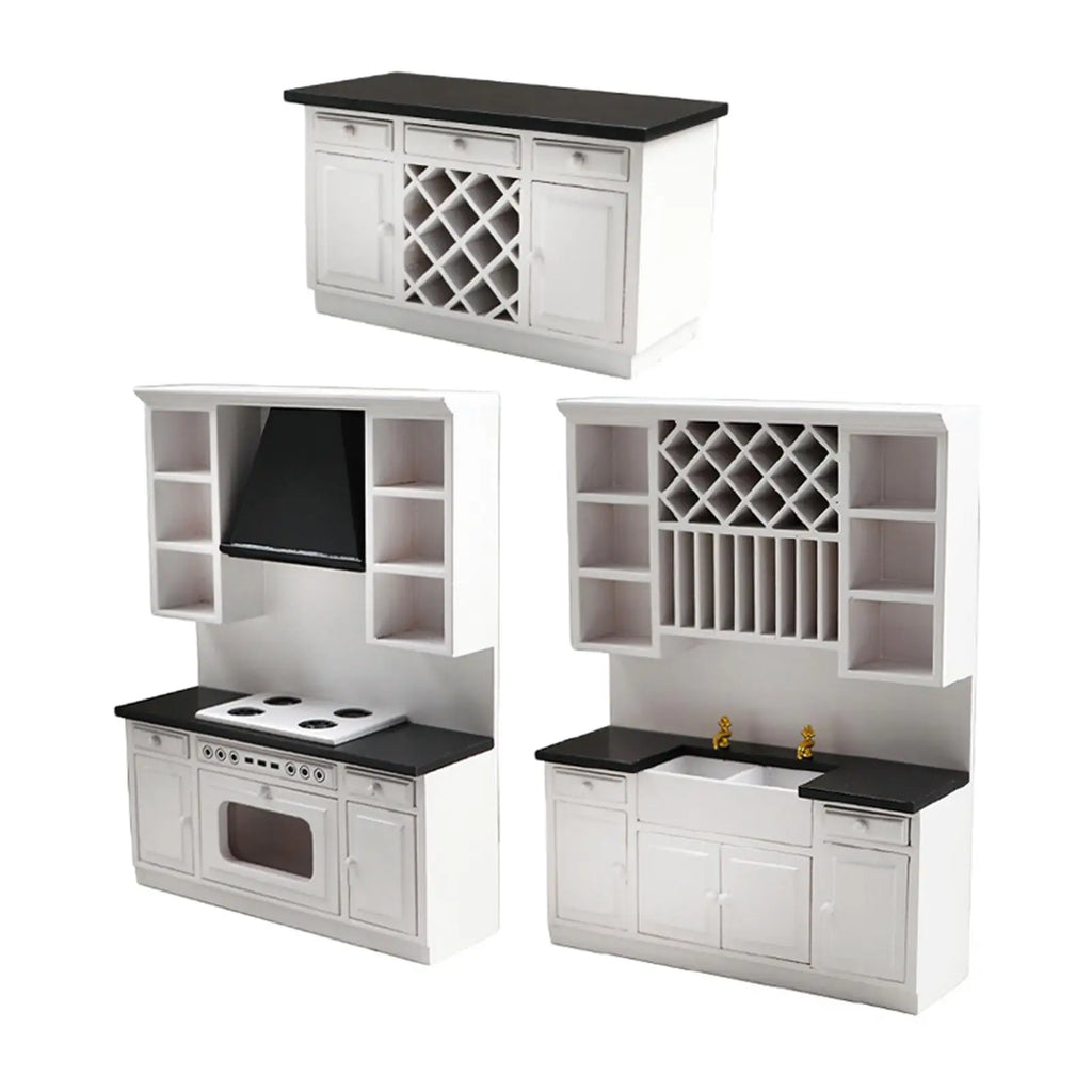1/12 3Pcs Dollhouse Kitchen Cabinet Dining Room Furniture Set Doll House DIY Decor Mini Bar Counter Furniture Accessories