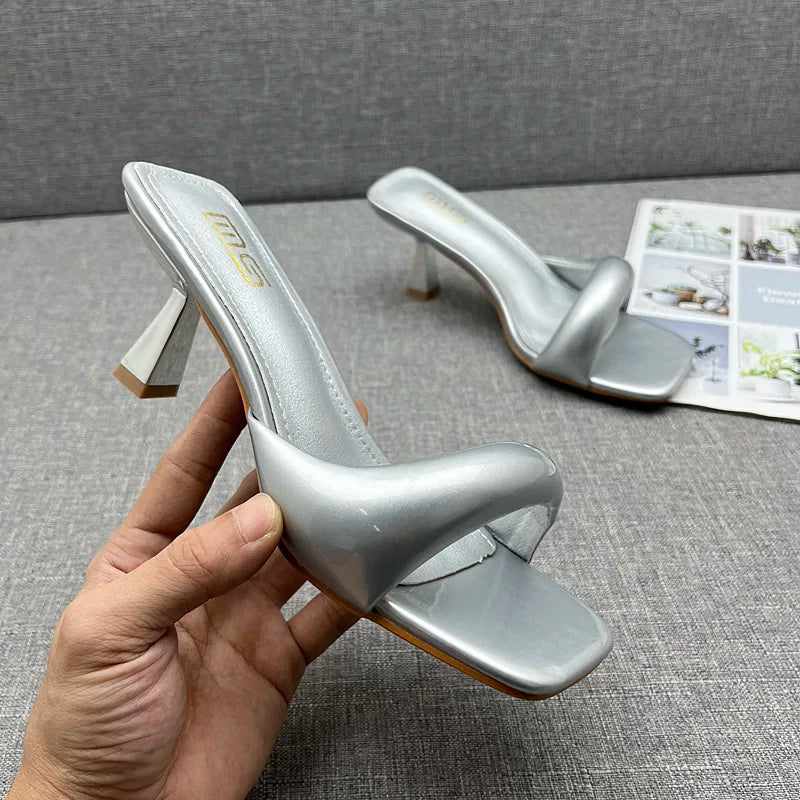 Modern Slippers 2024 Summer New Patent Leather Asymmetric High Heel Slippers Stiletto Stylish Outside Women's Sandals