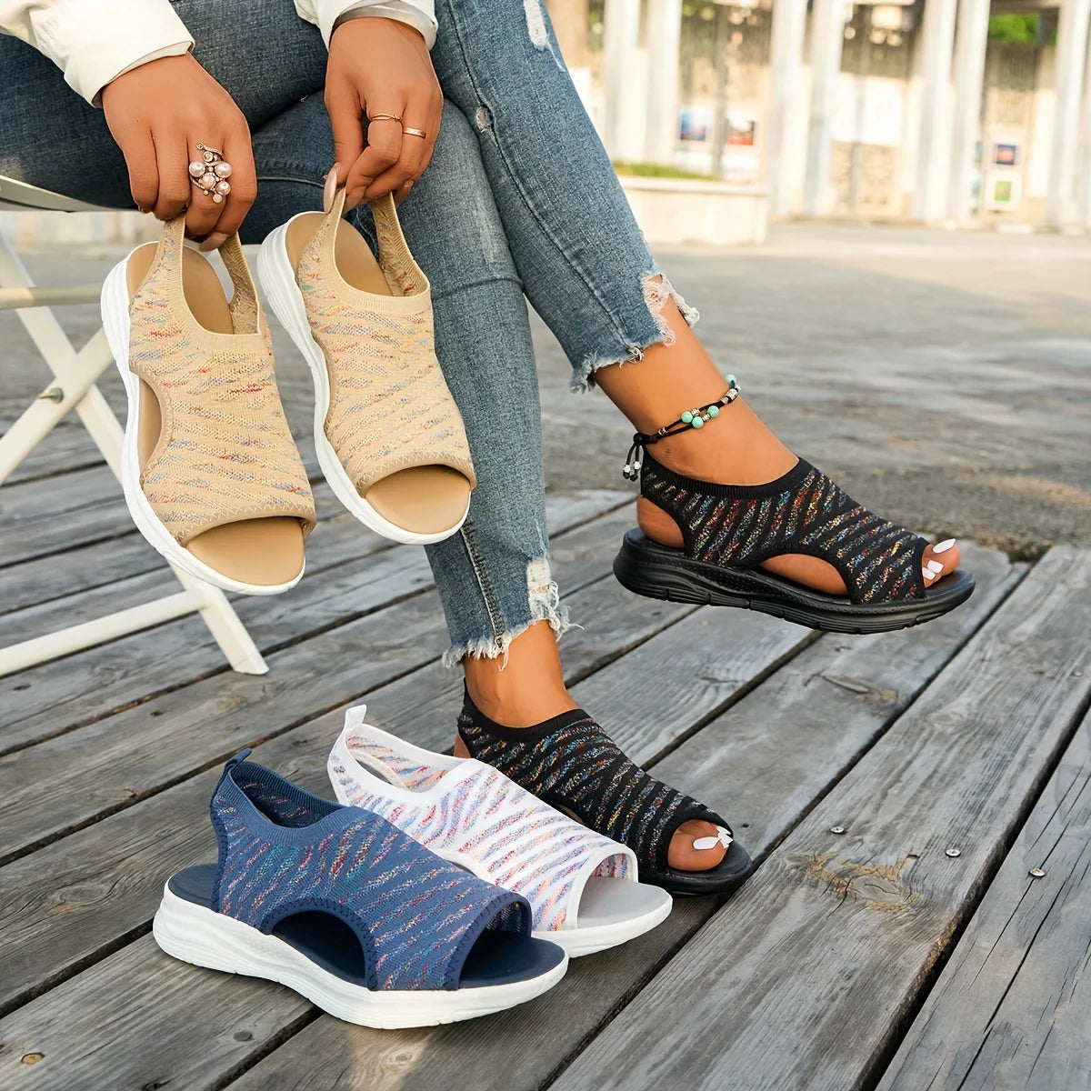 Summer 2024 Flat Bottom Roman Sandals Casual Knitting Comfortable Ladies Shoes Women's Slip-on Walking Shoes