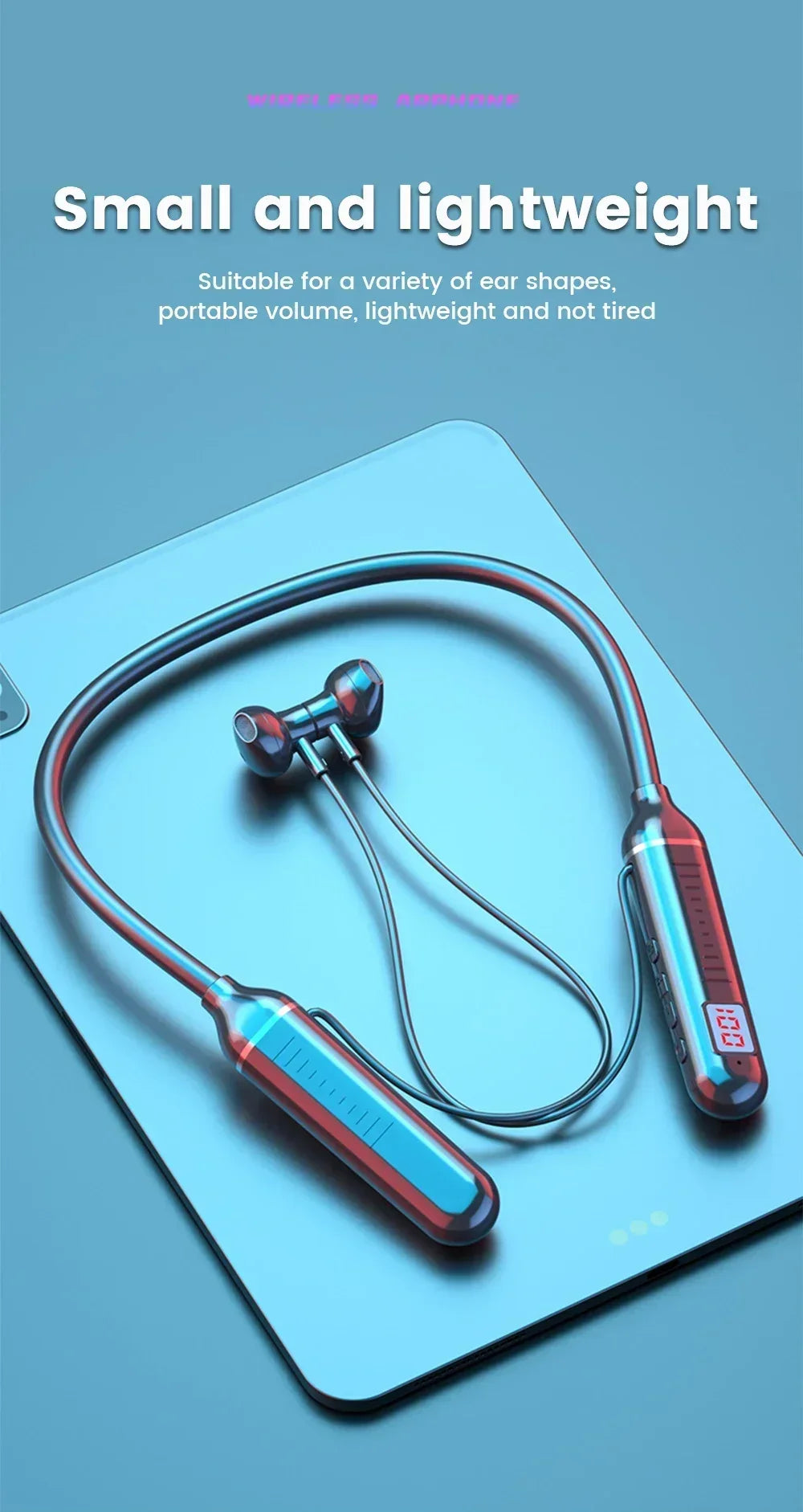 سماعات أذن بلوتوث 5.2، سماعات حول الرقبة، سماعات رأس لاسلكية TWS، ستيريو هاي فاي، شاشة رقمية LED، وضع مزدوج، سماعات أذن مقاومة للماء