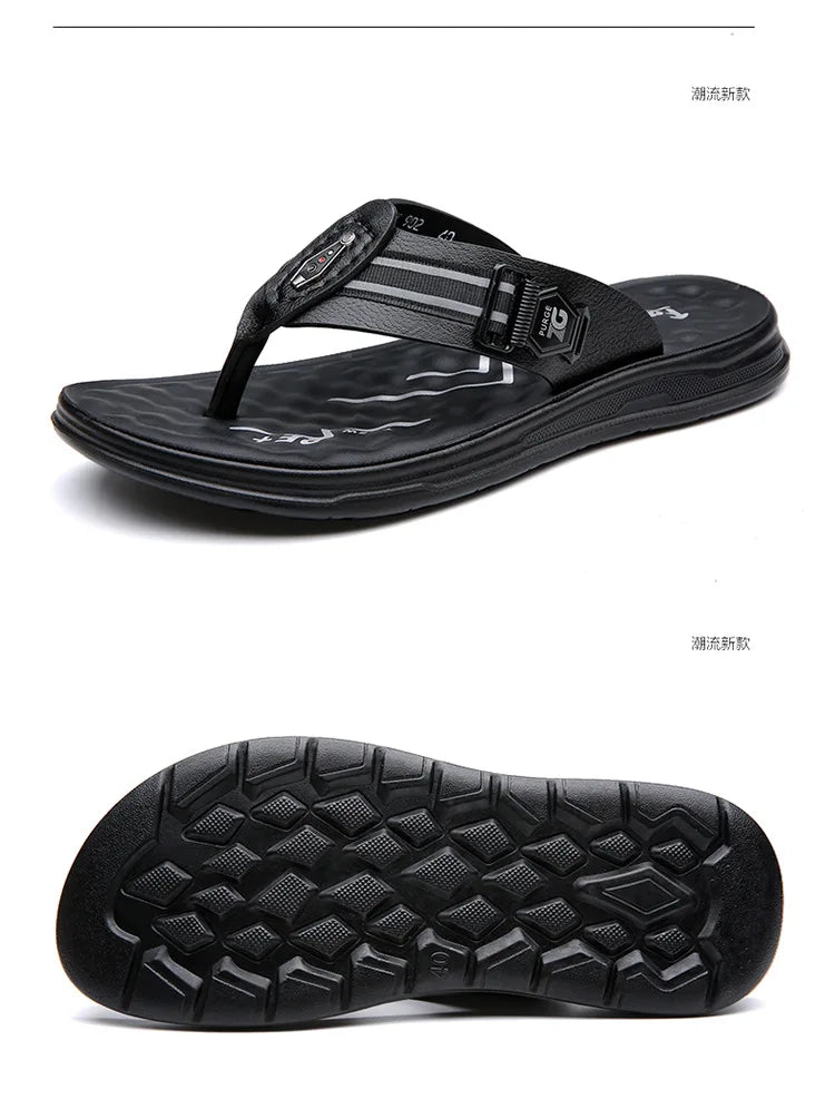Big Size Leather Slippers for Men 2025 Summer New Designer Flip Flops Male Fashion Casual Outwear Beach Slipper Shoes Man