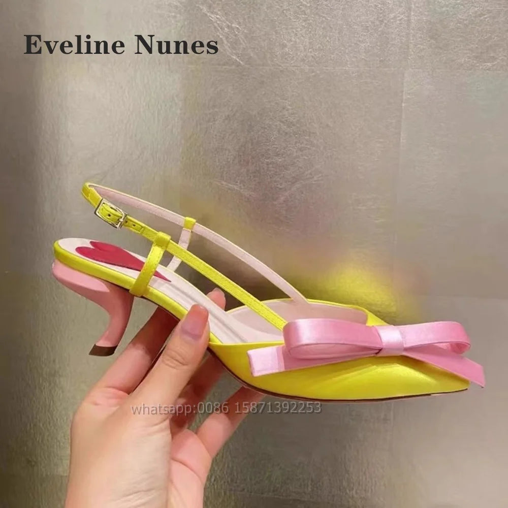 Bow Heart-Shaped Satin Sandals Pointed Toe Thin Heels Back Strap Side Air Slingback Women Pumps Buckle Strap Mixed Colors Shoes