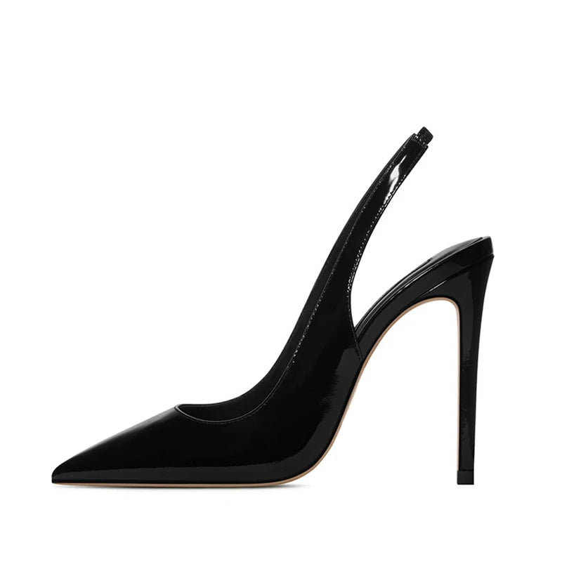 Sexy Black Patent Leather Pointy Toe Slingback Pumps 12cm Stiletto High Heels Elastic Band Woman Party Shoes Cutouts Heels QP246