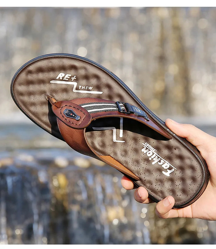 Big Size Leather Slippers for Men 2025 Summer New Designer Flip Flops Male Fashion Casual Outwear Beach Slipper Shoes Man