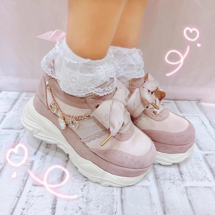 Liz Japanese Heart Shape Rhinestone Pearl Mine Series Thick Bottom Platform Lolita Casual Muffin Shoes Sweet Sports Shoes