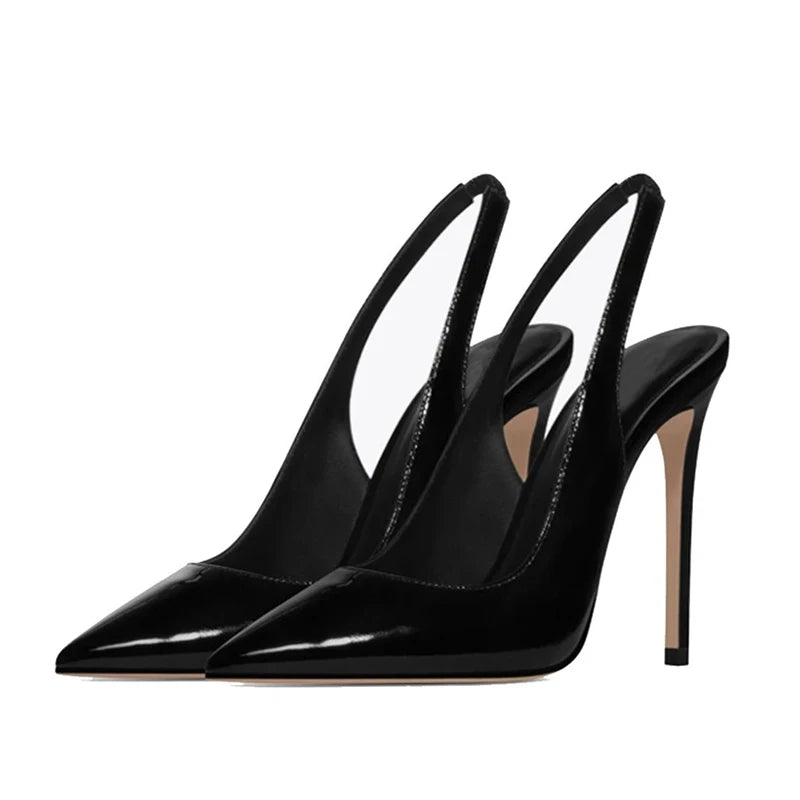 Sexy Black Patent Leather Pointy Toe Slingback Pumps 12cm Stiletto High Heels Elastic Band Woman Party Shoes Cutouts Heels QP246
