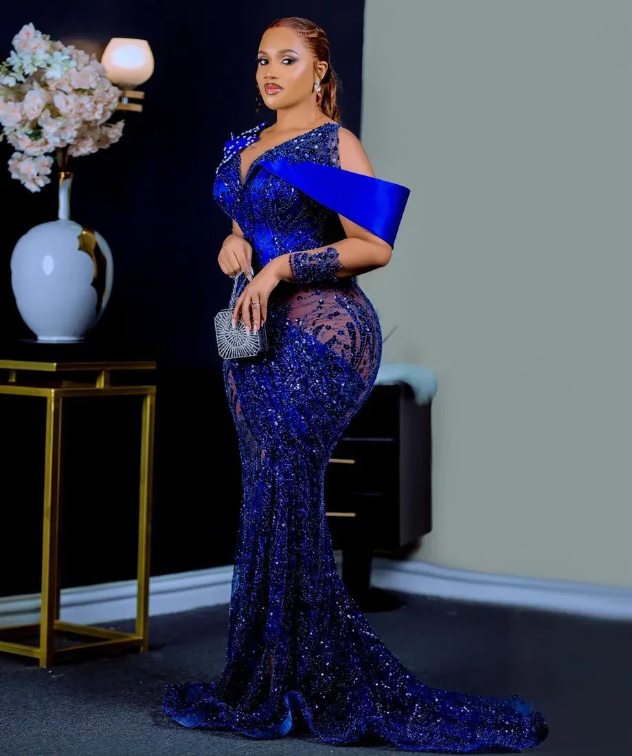 Vinca Sunny Customized Royal Blue Aso Ebi Prom Dresses Long Sleeves Mermaid Beaded Lace Formal Evening Gowns Engagement Dresses
