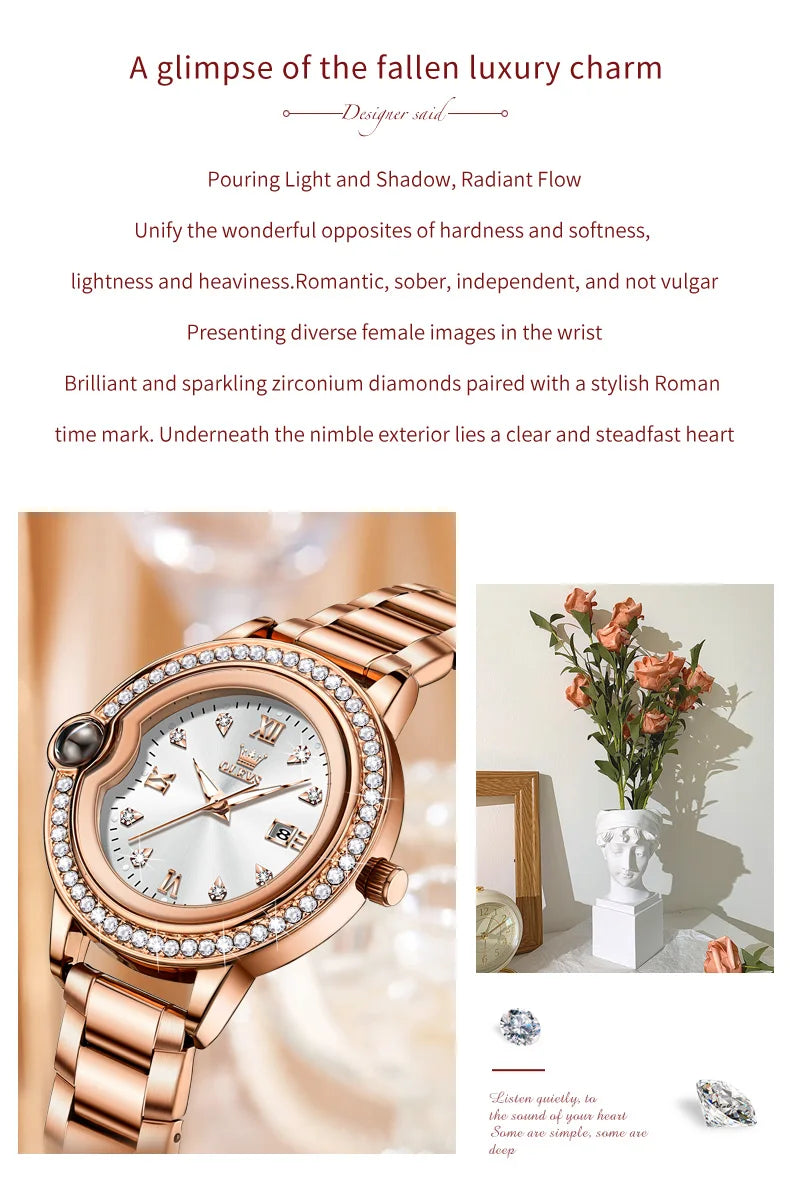 OLEVS 5588 Women's Watches Original Luxury Quartz Ladies Watch Diamond Bezel Wristwatch Waterproof Automatic Date Reloj Mujer SwiftNest