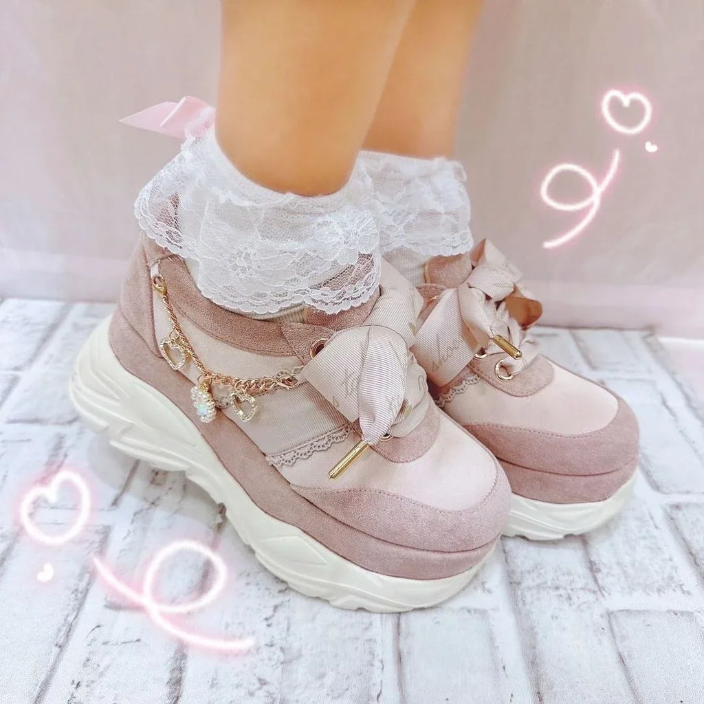Liz Japanese Heart Shape Rhinestone Pearl Mine Series Thick Bottom Platform Lolita Casual Muffin Shoes Sweet Sports Shoes