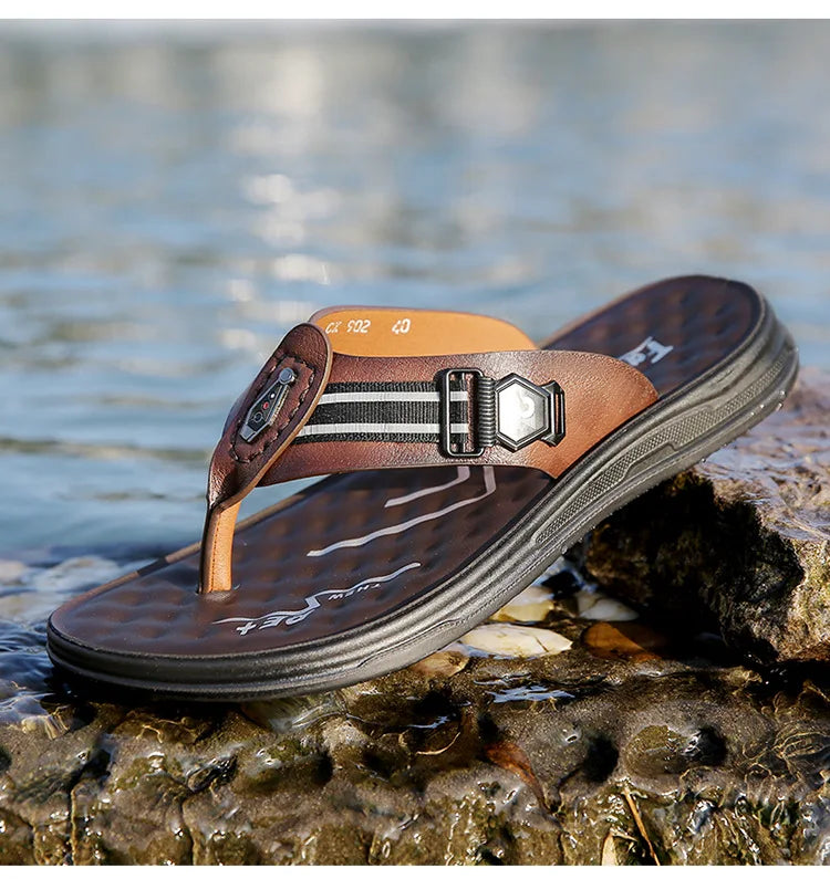 Big Size Leather Slippers for Men 2025 Summer New Designer Flip Flops Male Fashion Casual Outwear Beach Slipper Shoes Man