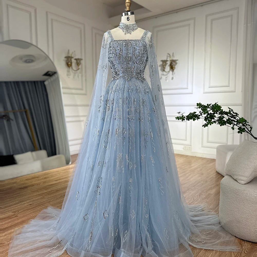 Serene Hill 2025 Arabic Nude A Line Cape Sleeve Crystal Beaded Luxury Evening Dresses Gowns Formal Occasion Customize BLA72764