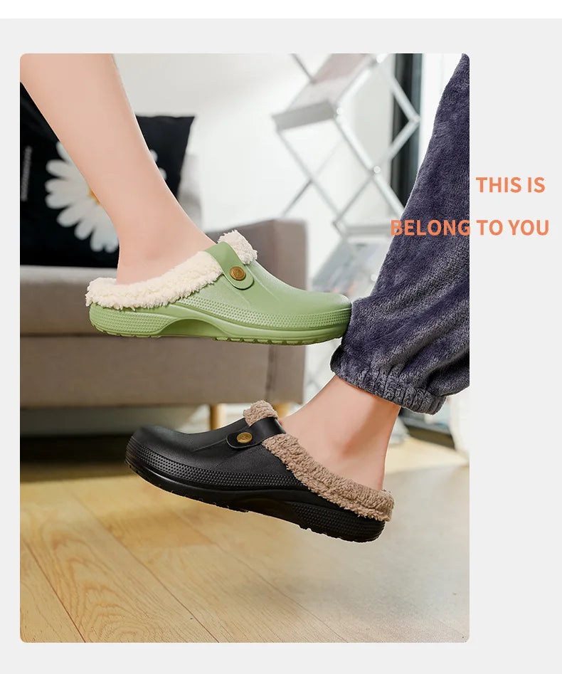 Waterproof Mule Clogs Men Slippers Winter Warm Unisex Fur Slippers House Room Slippers Trend Indoor Floor Shoes Slides For Women