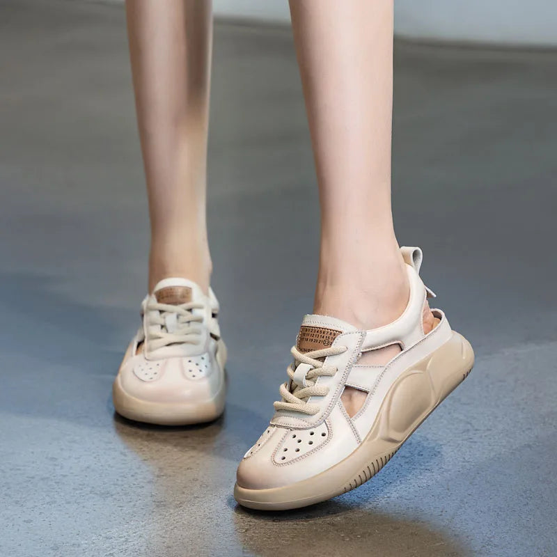 DRKANOL Platform Sandals Women Summer Round Toe Shoes Lace-Up Genuine Leather Thick Bottom Lightweight Casual Sneakers Sandals