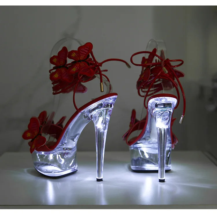 Transparent Platform LED Light Up Sandals Women Lace-up Pole Dance Shoes Summer Model Show Fashion Butterfly High Heels Size 43