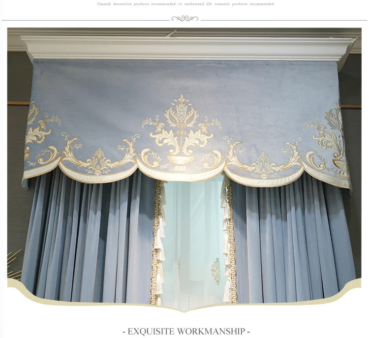 Modern European Luxury Curtains for Living Room Bedroom Blue Velvet Spliced Tassel Curtain Flat Valance Embroidered Tulle Custom