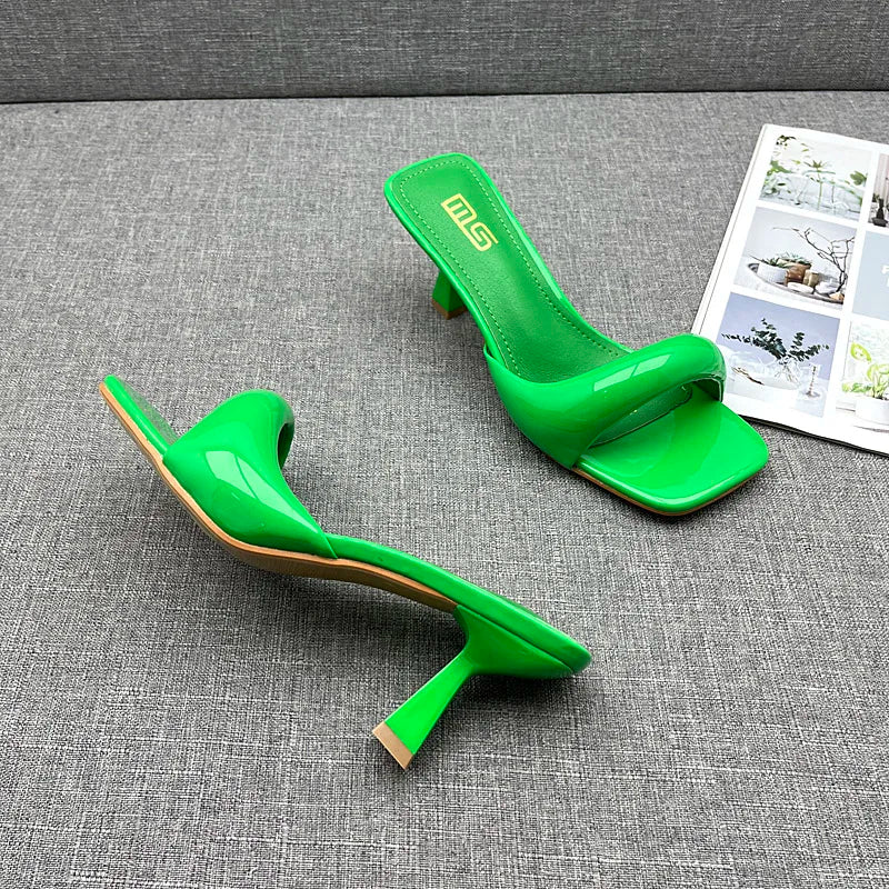Modern Slippers 2024 Summer New Patent Leather Asymmetric High Heel Slippers Stiletto Stylish Outside Women's Sandals