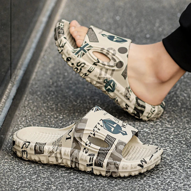 New Stylish Men Slides Shoes Indoor Comfortable Summer Male Casual Slippers Print Soft Non-slip Massage EVA Slippers Outdoor 886