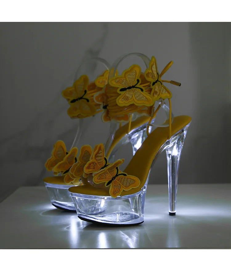 Transparent Platform LED Light Up Sandals Women Lace-up Pole Dance Shoes Summer Model Show Fashion Butterfly High Heels Size 43