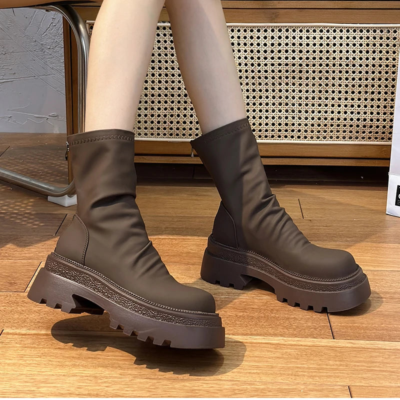 Platform Heel Women Short Booties Fashion Back Zippers Ankle Booties Retro Style Autumn Winter Female Shoes