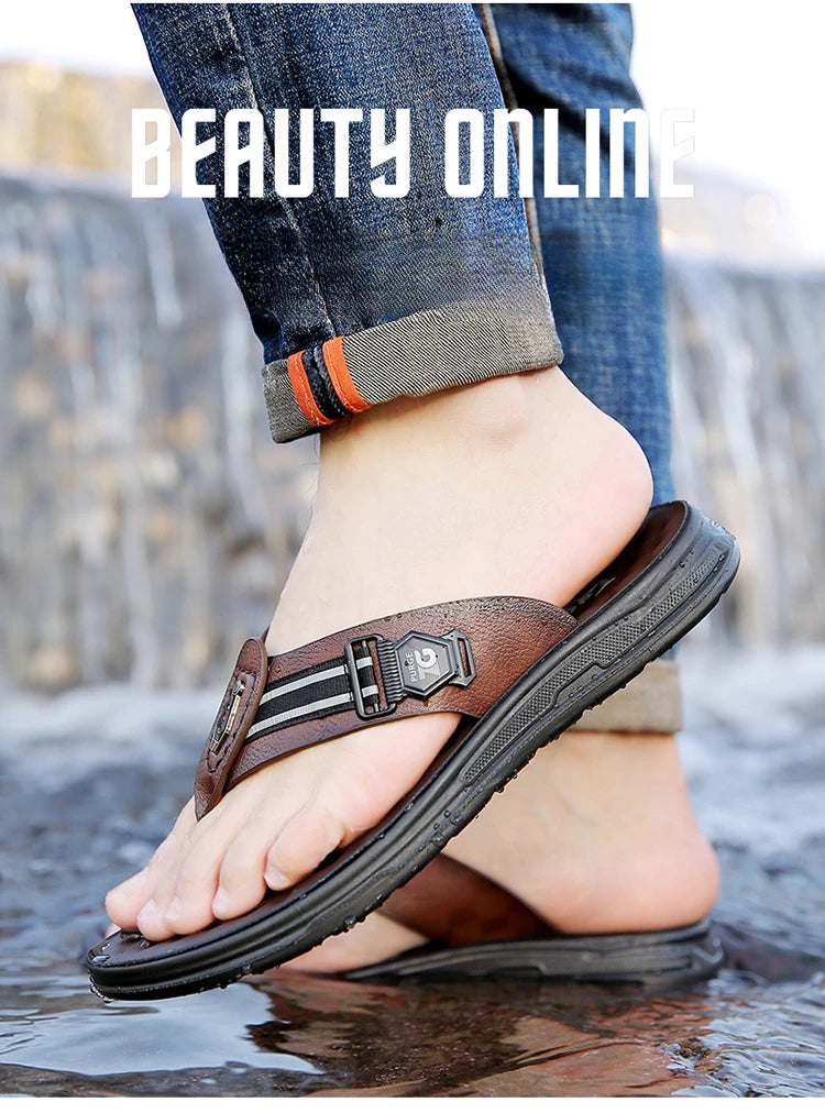 Big Size Leather Slippers for Men 2025 Summer New Designer Flip Flops Male Fashion Casual Outwear Beach Slipper Shoes Man