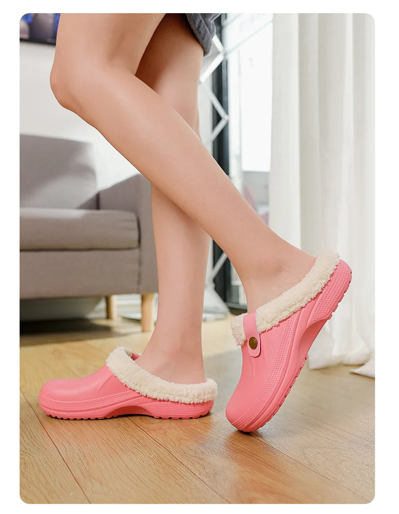 Waterproof Mule Clogs Men Slippers Winter Warm Unisex Fur Slippers House Room Slippers Trend Indoor Floor Shoes Slides For Women