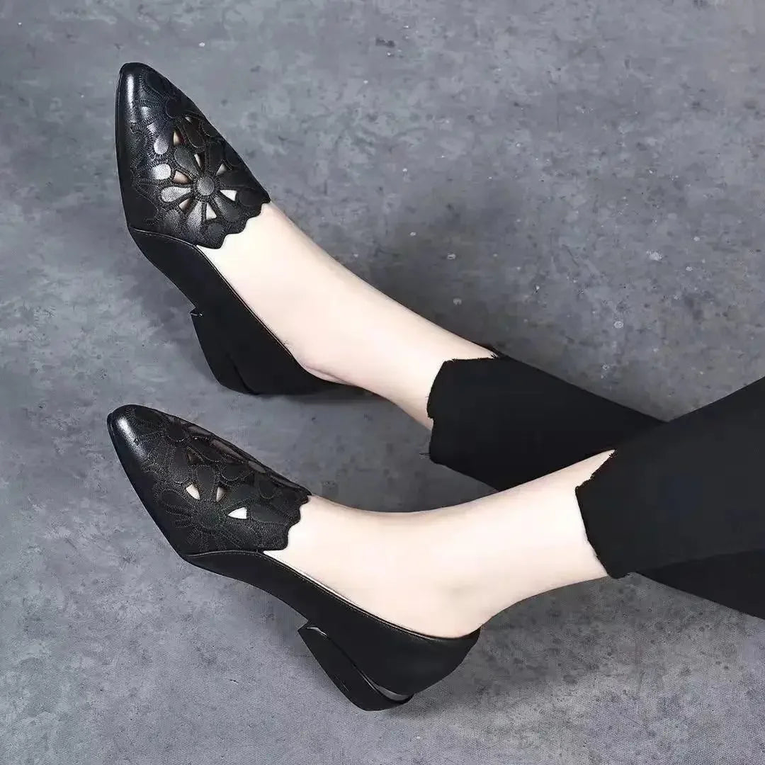 Flowers Hollow Sandals Women Retro Pointed Toe Chunky High Heels Breathable Fashion Ladies Shoes Zapatillas Mujer 2023