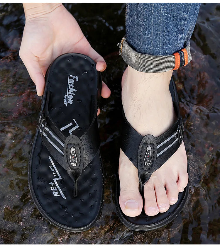 Big Size Leather Slippers for Men 2025 Summer New Designer Flip Flops Male Fashion Casual Outwear Beach Slipper Shoes Man