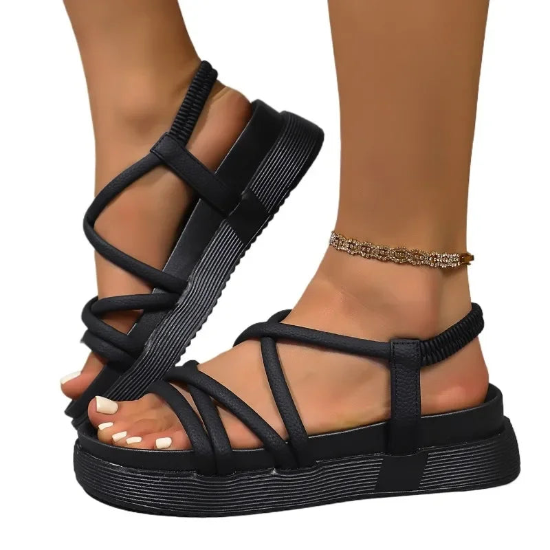 Ladies Shoes on Sale 2025 Narrow Band Women's Sandals Platform Casual Sandal Women Elastic Band Round Toe Flat with Shoes Female