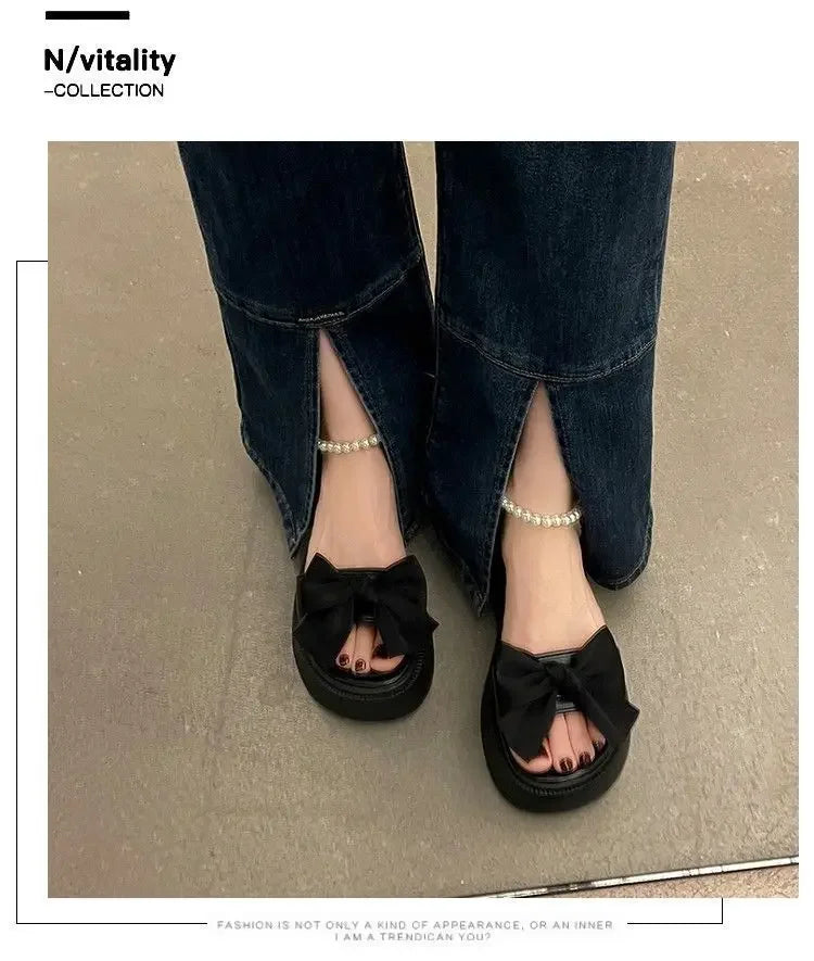 Comfort Shoes for Women Pearl Sandals Suit Female Beige Increasing Height Block Heels All-Match Black Bow 2024 Fashion Chunky Gi
