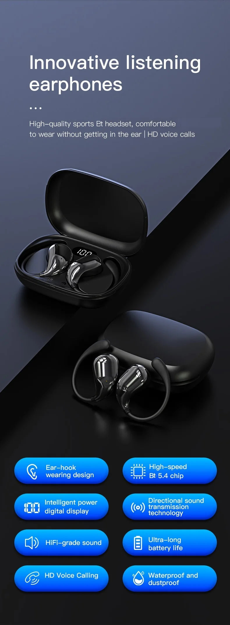 Bluetooth 5.4 Ear Hook Headphones TWS Wireless Earphones HiFi Stereo Waterproof Headsets LED Display Long Standby Touch Earbuds