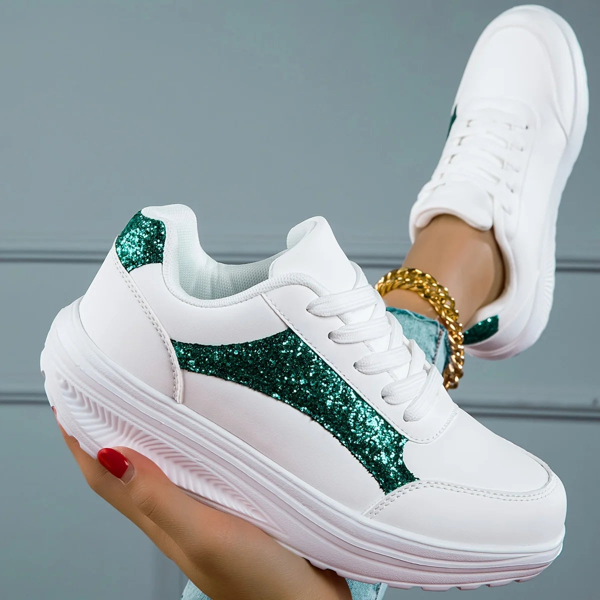Women's Pure Color Sequins Sneaker, Lace-up Platform Sequined Decorative Walking Rock Shoes, High Top Sneakers Sneaker