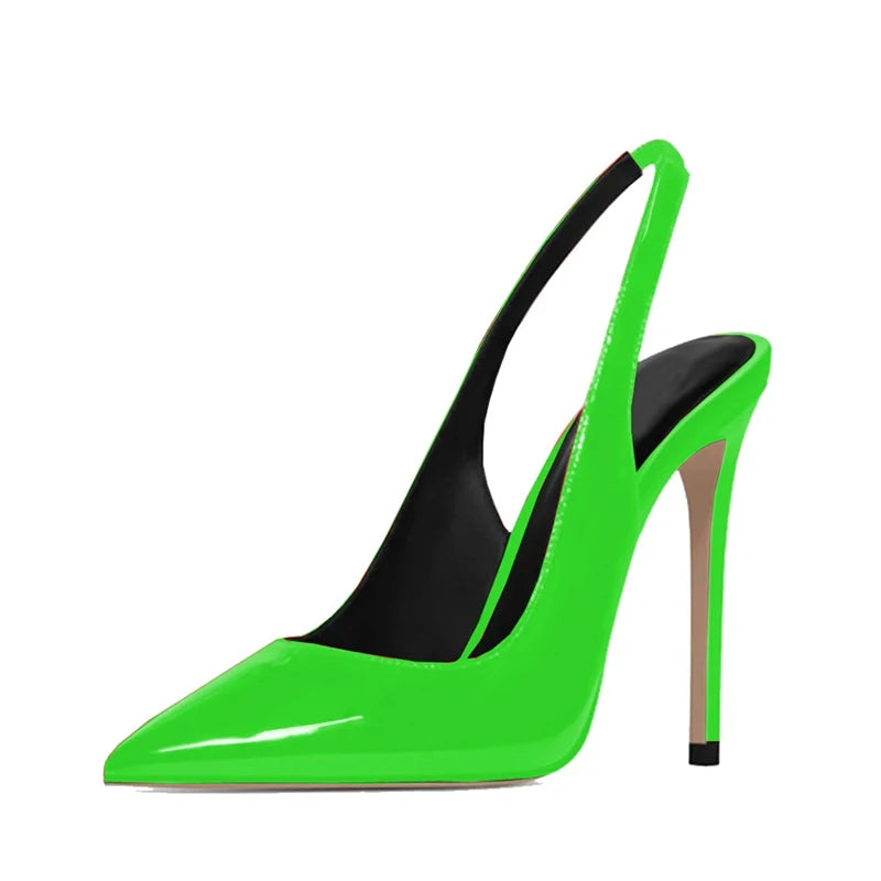 Sexy Black Patent Leather Pointy Toe Slingback Pumps 12cm Stiletto High Heels Elastic Band Woman Party Shoes Cutouts Heels QP246