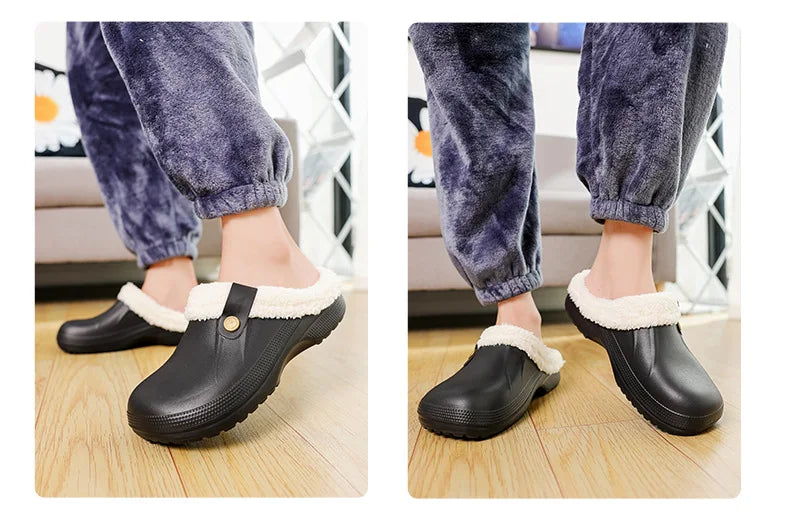 Waterproof Mule Clogs Men Slippers Winter Warm Unisex Fur Slippers House Room Slippers Trend Indoor Floor Shoes Slides For Women