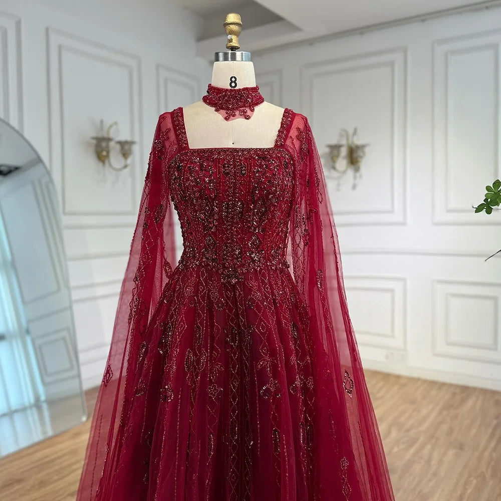 Serene Hill 2025 Arabic Nude A Line Cape Sleeve Crystal Beaded Luxury Evening Dresses Gowns Formal Occasion Customize BLA72764