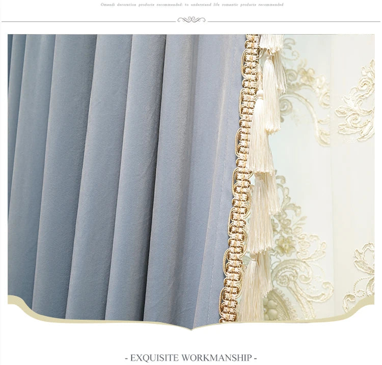 Modern European Luxury Curtains for Living Room Bedroom Blue Velvet Spliced Tassel Curtain Flat Valance Embroidered Tulle Custom
