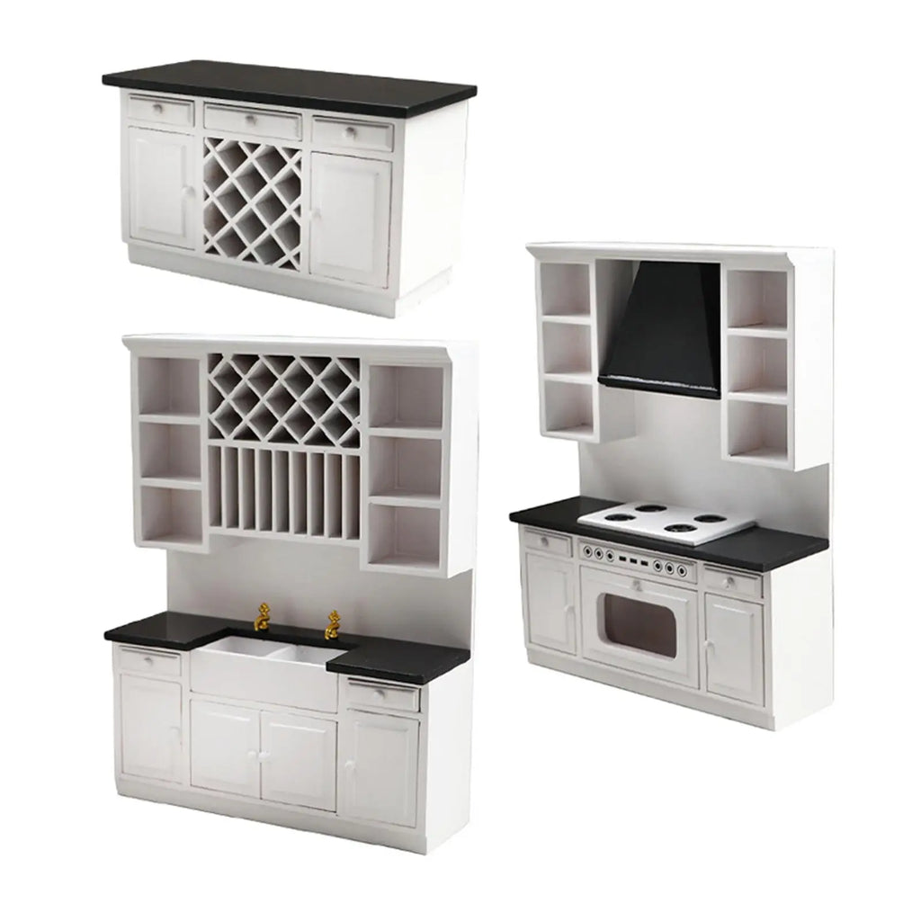 1/12 3Pcs Dollhouse Kitchen Cabinet Dining Room Furniture Set Doll House DIY Decor Mini Bar Counter Furniture Accessories