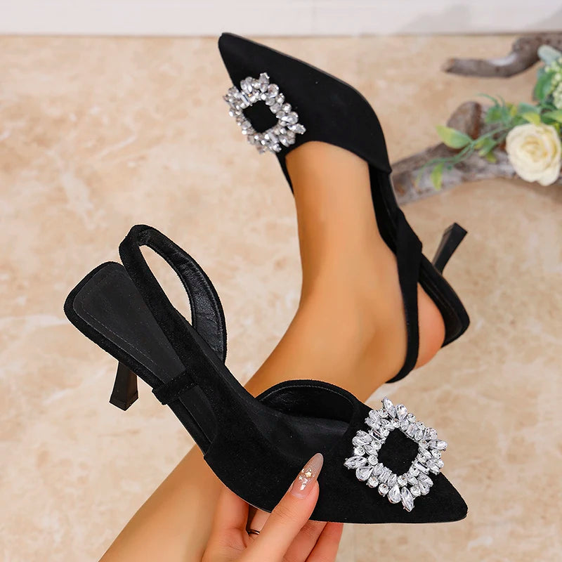 Crystal Square Buckle High Heels Sandals Women Spring Summer Slip On Pointed Toe Pumps Woman Thin Heel Party Wedding Shoes Mujer