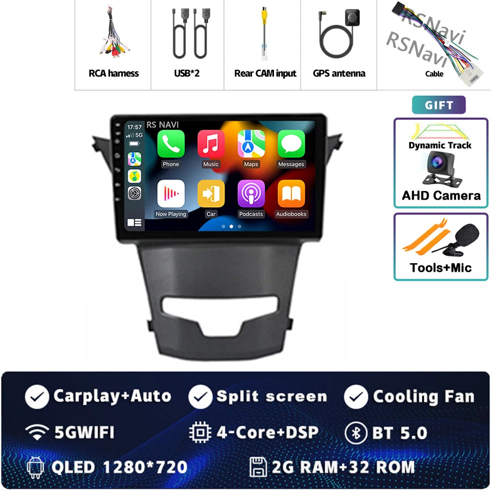 Android 15 For SsangYong Korando 3 Actyon 2 2013-2017 2K QLED Android Car Radio Multimedia Video Player GPS Stereo CarPlay 4G BT